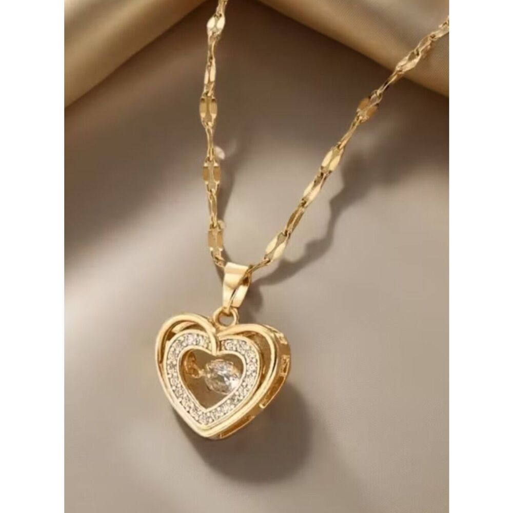 Double Heart Double Movement Necklace CZ 18K Gold-Plated Stainless Steel NWT